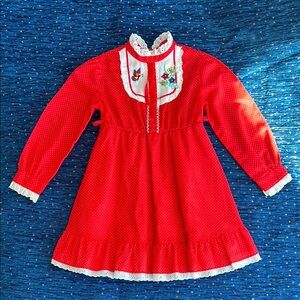 Vintage Red Long-Sleeve Dress with Embroidered flowers and butterfly